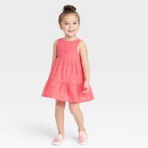 Cat & Jack Sleeveless Coral Dress Allover Eyelet Pattern Tiered Skirt 100% Cotto